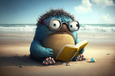 monster wearing glasses, reading a book on the beach, created with generative aiの素材