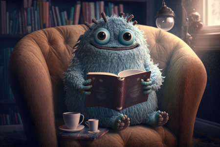 cute monster sits in cozy armchair, with a book on its lap and cup of tea nearby, created with generative aiの素材
