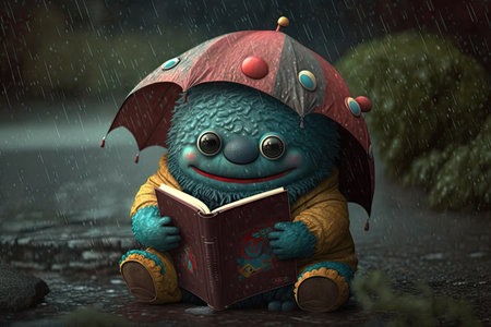 cute monster reading book while sitting in the rain, with umbrella and jacket, created with generative aiの素材