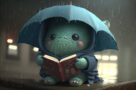 cute monster reading book while sitting in the rain, with umbrella and jacket, created with generative aiの素材
