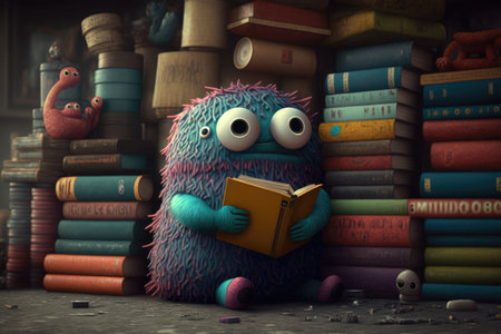 cute monster in library with stack of books, including one about monsters, created with generative aiの素材