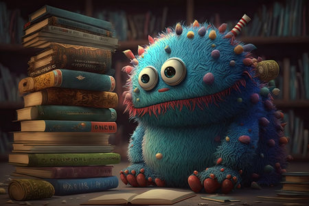 cute monster in library with stack of books, including one about monsters, created with generative aiの素材