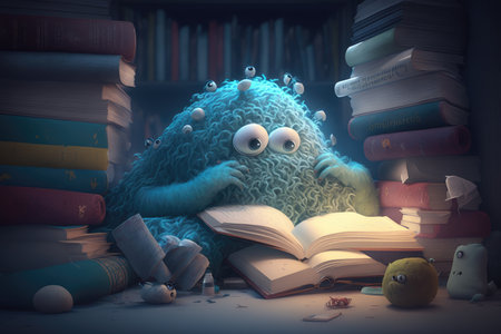 cute monster enjoys cozy night in, surrounded by a pile of books, created with generative aiの素材