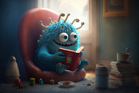 cute monster sitting at reading nook, with books and cup of tea, created with generative aiの素材