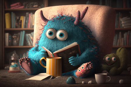 cute monster sitting at reading nook, with books and cup of tea, created with generative aiの素材