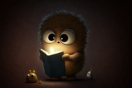 cute monster reads with flashlight, in the dark, created with generative aiの素材
