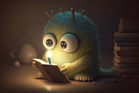 cute monster reads with flashlight, in the dark, created with generative aiの素材