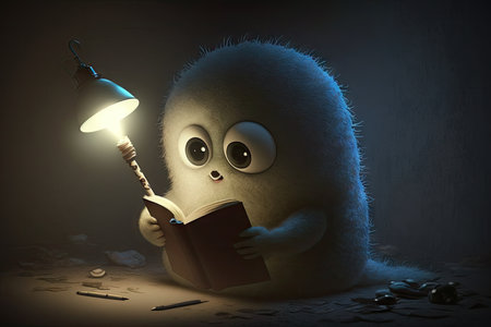 cute monster reads with flashlight, in the dark, created with generative aiの素材