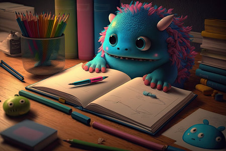 cute monster studies for exams, with books and highlighters on the desk, created with generative aiの素材