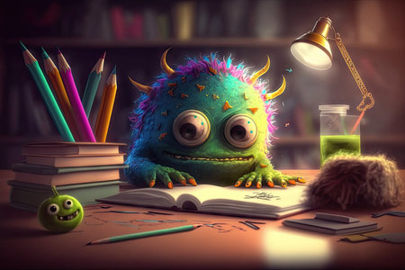 cute monster studies for exams, with books and highlighters on the desk, created with generative aiの素材