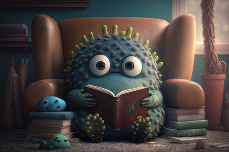 cute monster sits on sofa with book in hand, surrounded by other books and cozy atmosphere, created with generative aiの素材