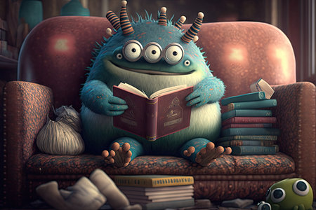 cute monster sits on sofa with book in hand, surrounded by other books and cozy atmosphere, created with generative aiの素材