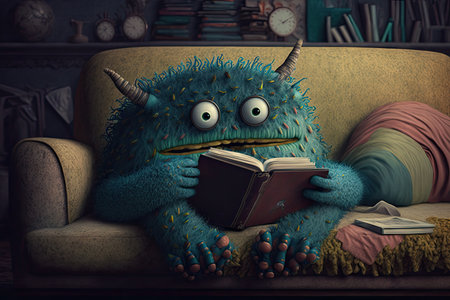 cute monster lounging on cozy sofa, reading book in its paw, created with generative aiの素材