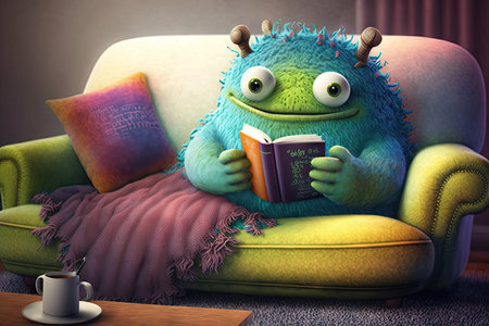 cute monster lounging on cozy sofa, reading book in its paw, created with generative aiの素材