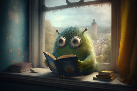 cute monster sits in window seat, looking out at the view and reading a book, created with generative aiの素材