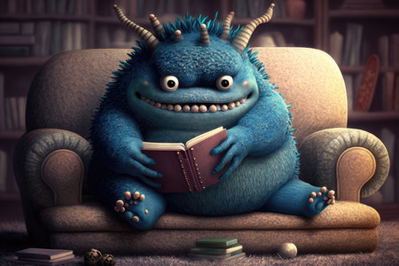 cute monster lounging on cozy sofa, reading book in its paw, created with generative aiの素材