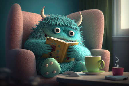 cute monster sits in cozy armchair, reading book and sipping hot drink, created with generative aiの素材