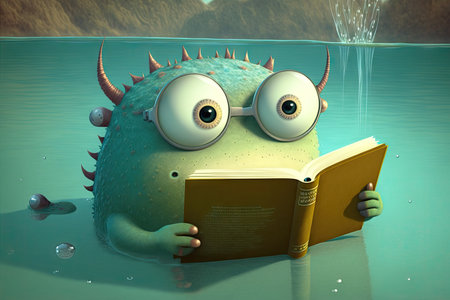 cute monster reads book while floating in pool, created with generative aiの素材