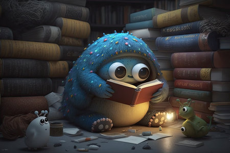 cute monster in library, surrounded by books and reading with flashlight, created with generative aiの素材