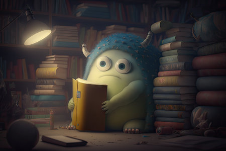 cute monster in library, surrounded by books and reading with flashlight, created with generative aiの素材