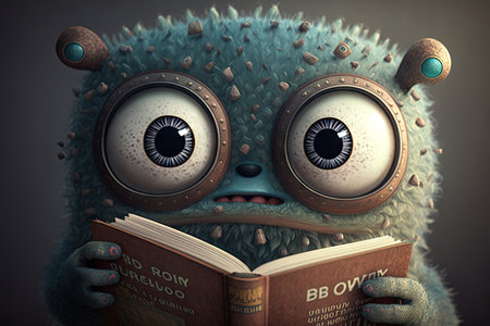 close-up of cute monsters face, with a book in its hands and eyes focused on the words, created with generative aiの素材