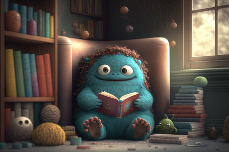 cute monster sits in cozy reading nook, surrounded by books and snacks, created with generative aiの素材