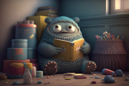 cute monster sits in cozy reading nook, surrounded by books and snacks, created with generative aiの素材