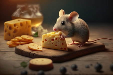 cute mouse nibbling on piece of cheese, surrounded by wooden cheese board, created with generative aiの素材
