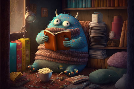 cute monster sits in cozy reading nook, surrounded by books and snacks, created with generative aiの素材
