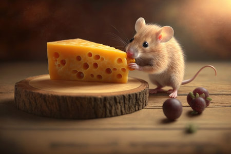 cute mouse nibbling on piece of cheese, surrounded by wooden cheese board, created with generative aiの素材