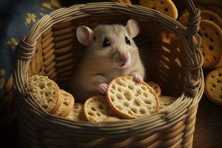 cute mouse sitting in basket, with cheese and crackers close by, created with generative aiの素材