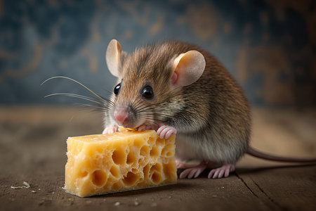cute mouse nibbling on cheese, with its long whiskers and tiny paws in full view, created with generative aiの素材