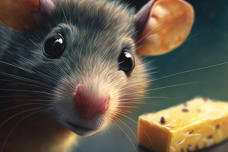 close-up of mouses whiskers and nose, with a piece of cheese in the foreground, created with generative aiの素材