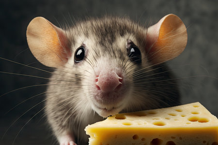 close-up of mouses whiskers and nose as it nibbles on cheese, created with generative aiの素材