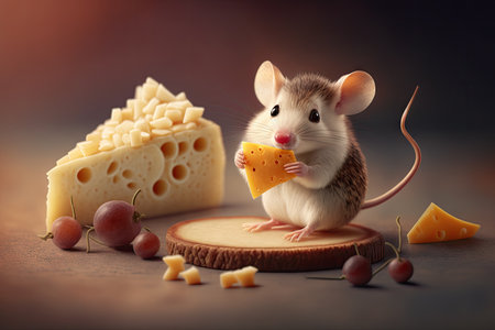 cute mouse nibbling on slice of cheese, surrounded by other snacks, created with generative aiの素材