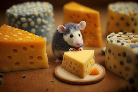 cute mouse surrounded by a variety of cheeses, each one cuter than the last, created with generative aiの素材