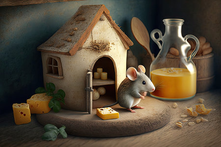 neat and tidy mouse house, with cheese wedge on board and knife nearby, created with generative aiの素材