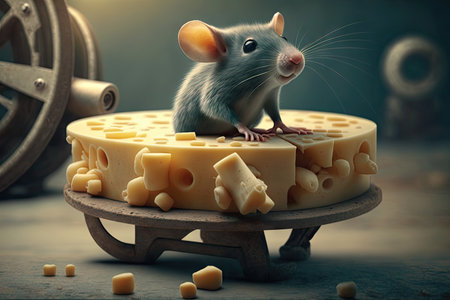 pensive mouse, sitting on wheel of cheese factory, carefully nibbling with its tiny teeth, created with generative aiの素材