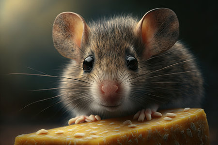 close-up of mouses whiskers and nose as it nibbles on cheese, created with generative aiの素材
