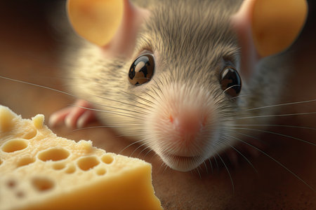 close-up of mouses whiskers and nose as it nibbles on cheese, created with generative aiの素材