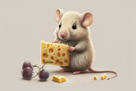 cute mouse eating cheese on white background, created with generative aiの素材