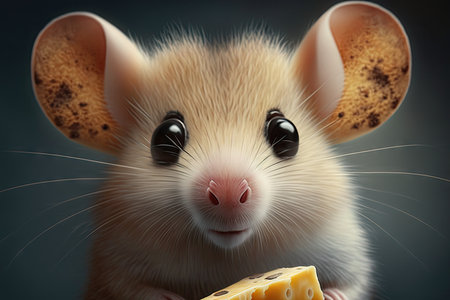 close-up of cute mouses face, with mouth full of cheese and eyes shining, created with generative aiの素材