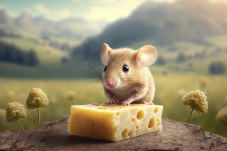 cute mouse nibbling on piece of cheese, with view of open field in the background, created with generative aiの素材