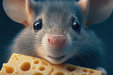 close-up of mouses face, with cheese visible between its teeth, created with generative aiの素材