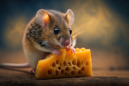 cute mouse nibbling on piece of cheese, with close-up shot, created with generative aiの素材