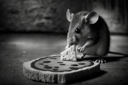 black and white mouse eating wedge of cheese with wooden board in the background, created with generative aiの素材