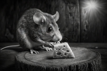 black and white mouse eating wedge of cheese with wooden board in the background, created with generative aiの素材