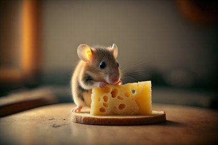 cute mouse nibbling on piece of cheese in warm and cozy setting, created with generative aiの素材