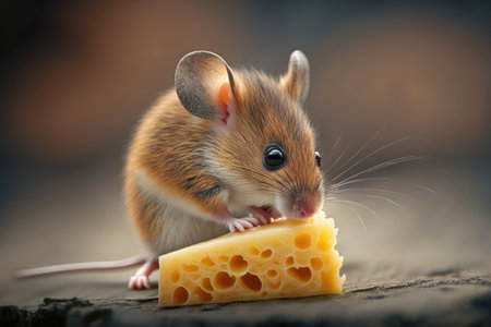 cute mouse nibbling on piece of cheese with its whiskers twitching, created with generative aiの素材
