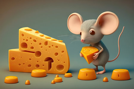 series of cute mouse eating cheeses of various shapes and sizes, created with generative aiの素材
